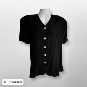 Button down black blouse. Short sleeve. Dress up or high end casual. Size Large.